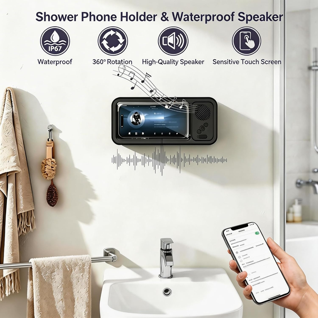 Waterproof Phone Holder with Speaker, Shower Phone Holder Waterproof, Shower Phones Holder with Wireless Bluetooth Speaker with 360° Rotation Ipx4 Aqua with Shower Play(White)