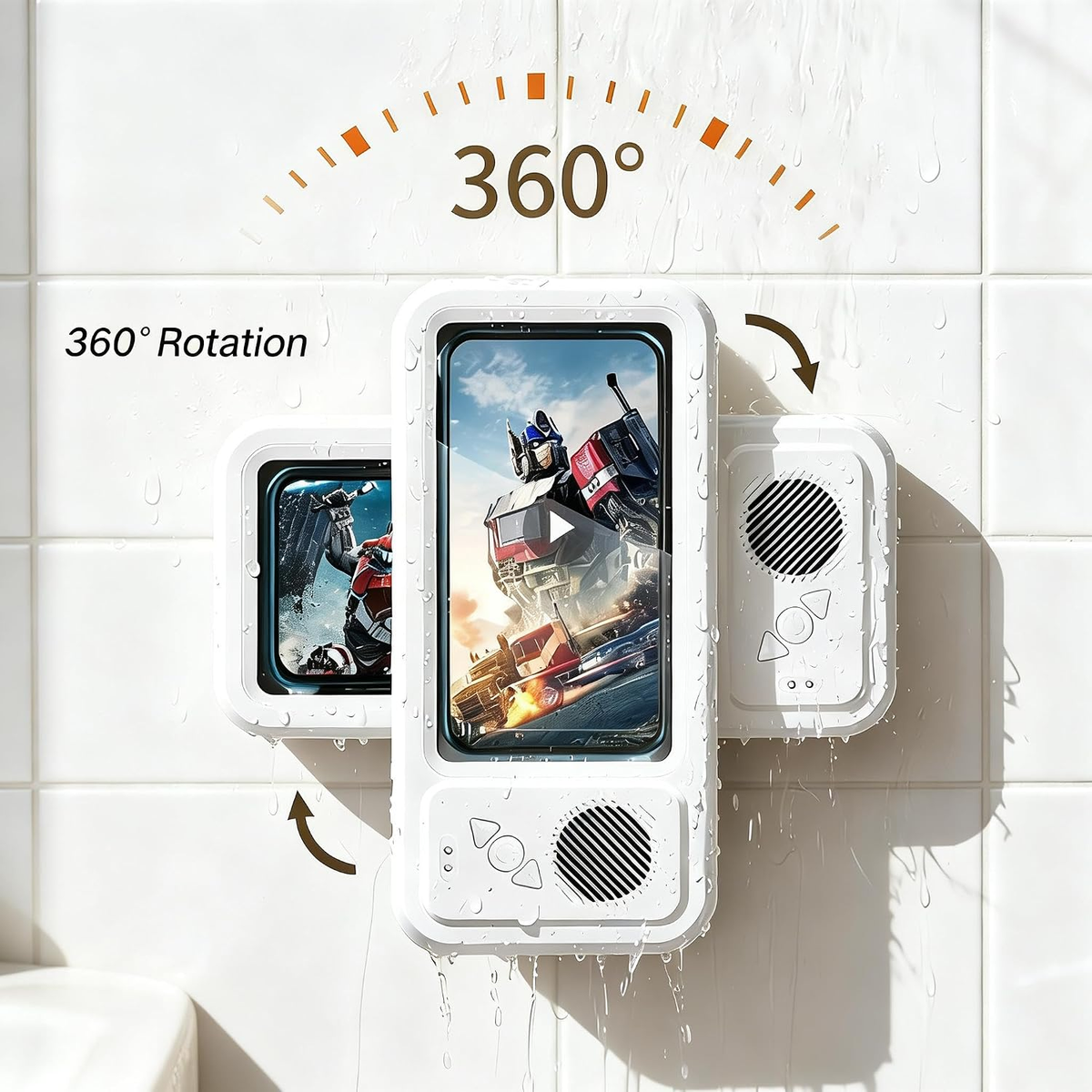 Waterproof Phone Holder with Speaker, Shower Phone Holder Waterproof, Shower Phones Holder with Wireless Bluetooth Speaker with 360° Rotation Ipx4 Aqua with Shower Play(White)
